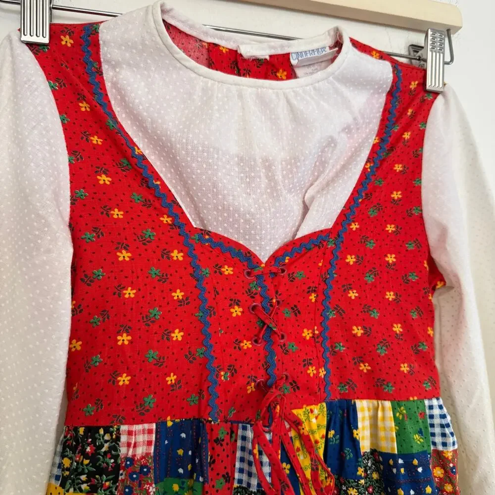 80s Vintage Cinderella Stop the Press Girls Patchwork Pinafore Style Dress 6X